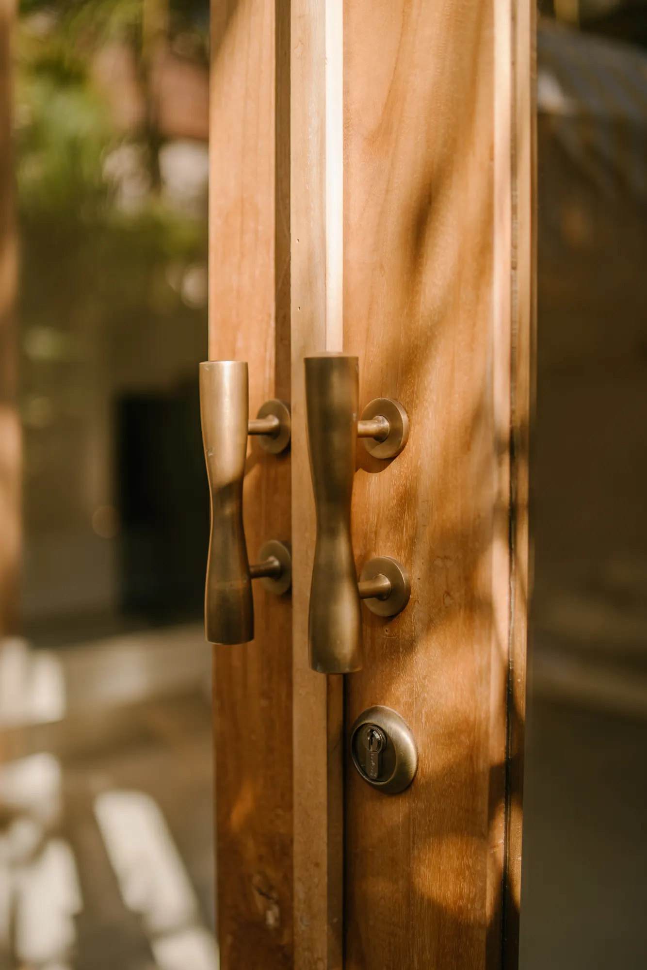 Ornate door handles on outdoor wooden entrance doors