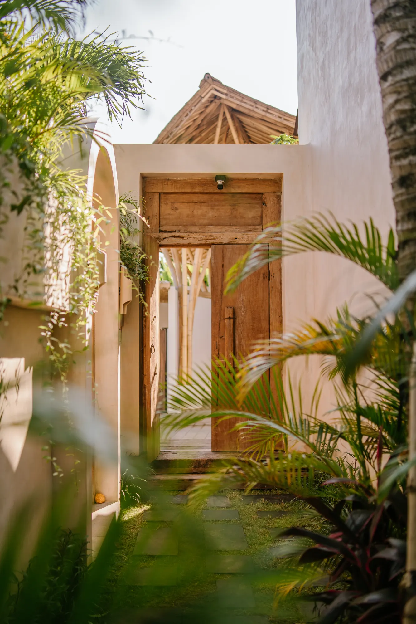 Serene garden path to wooden door with flowering plants