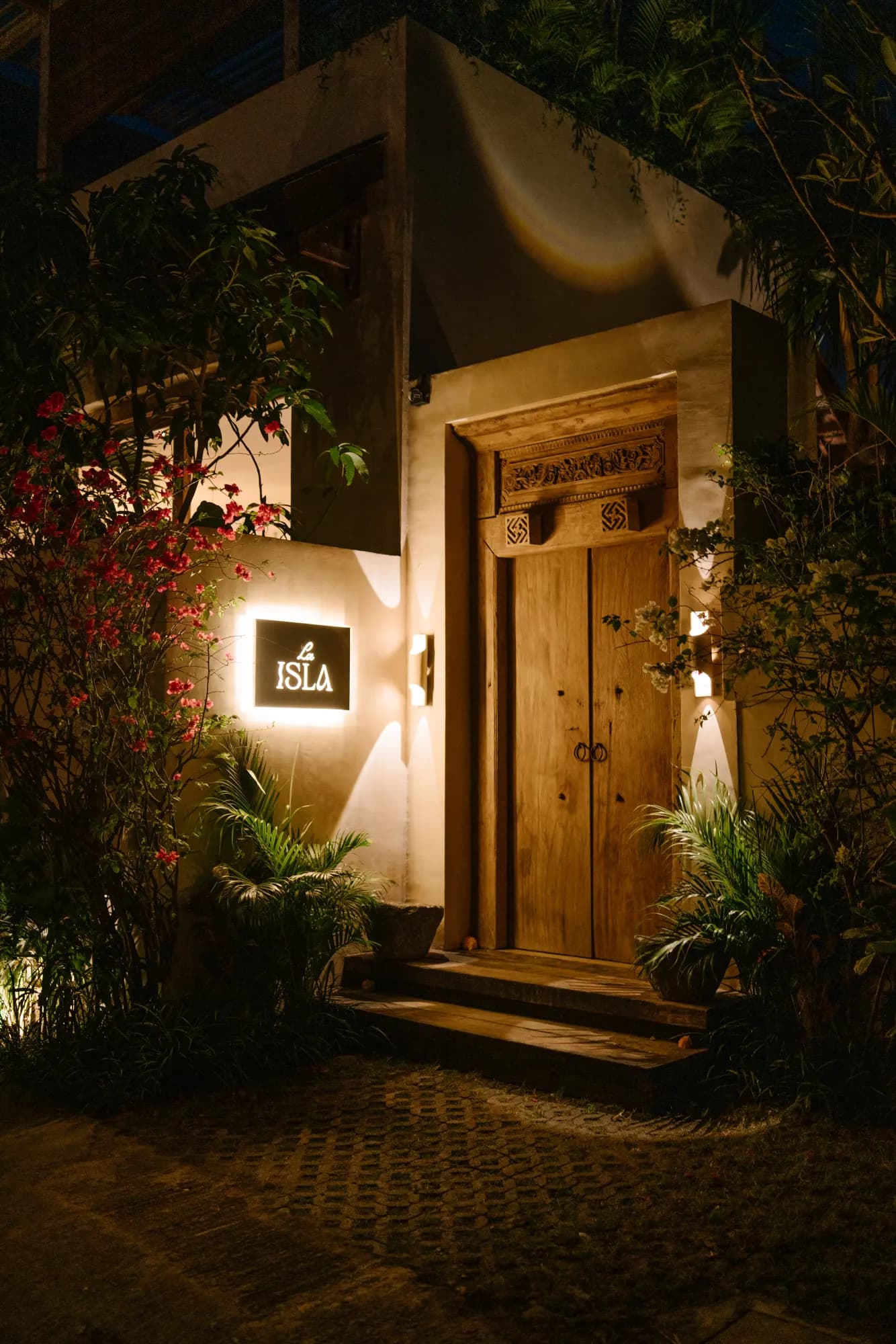 Illuminated villa entrance with wooden door and plants