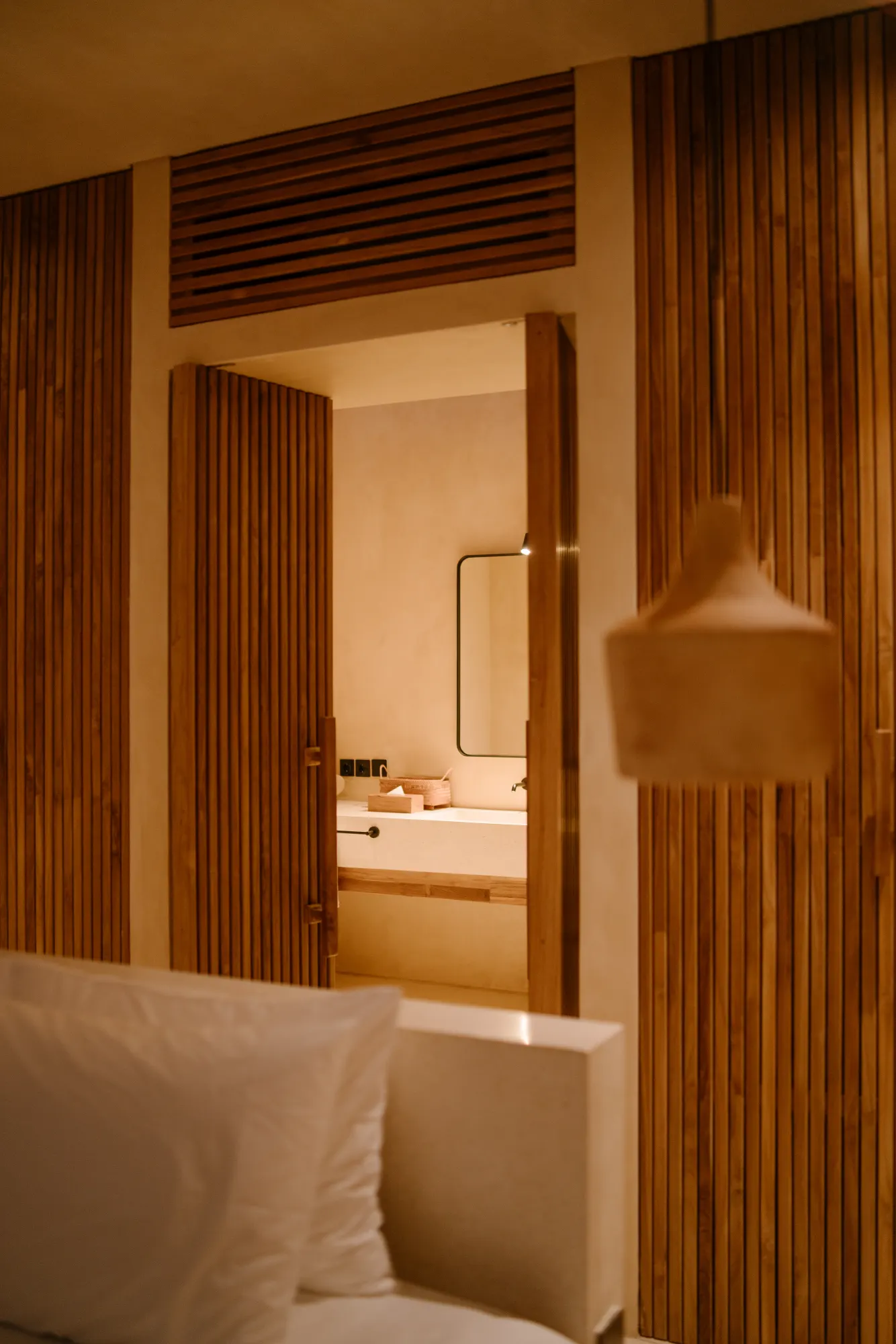 Bedroom bathroom with modern wood door entry