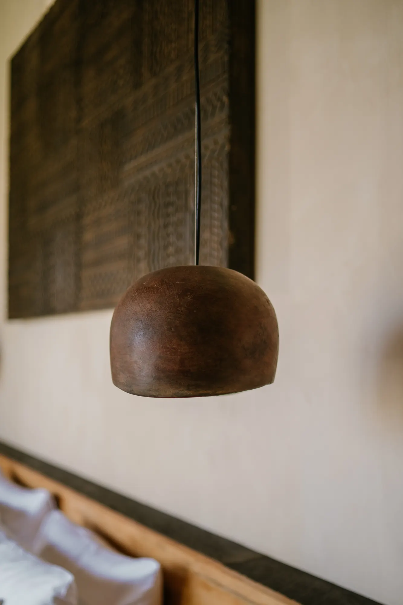 Close-up of wood pendant light fixture detail