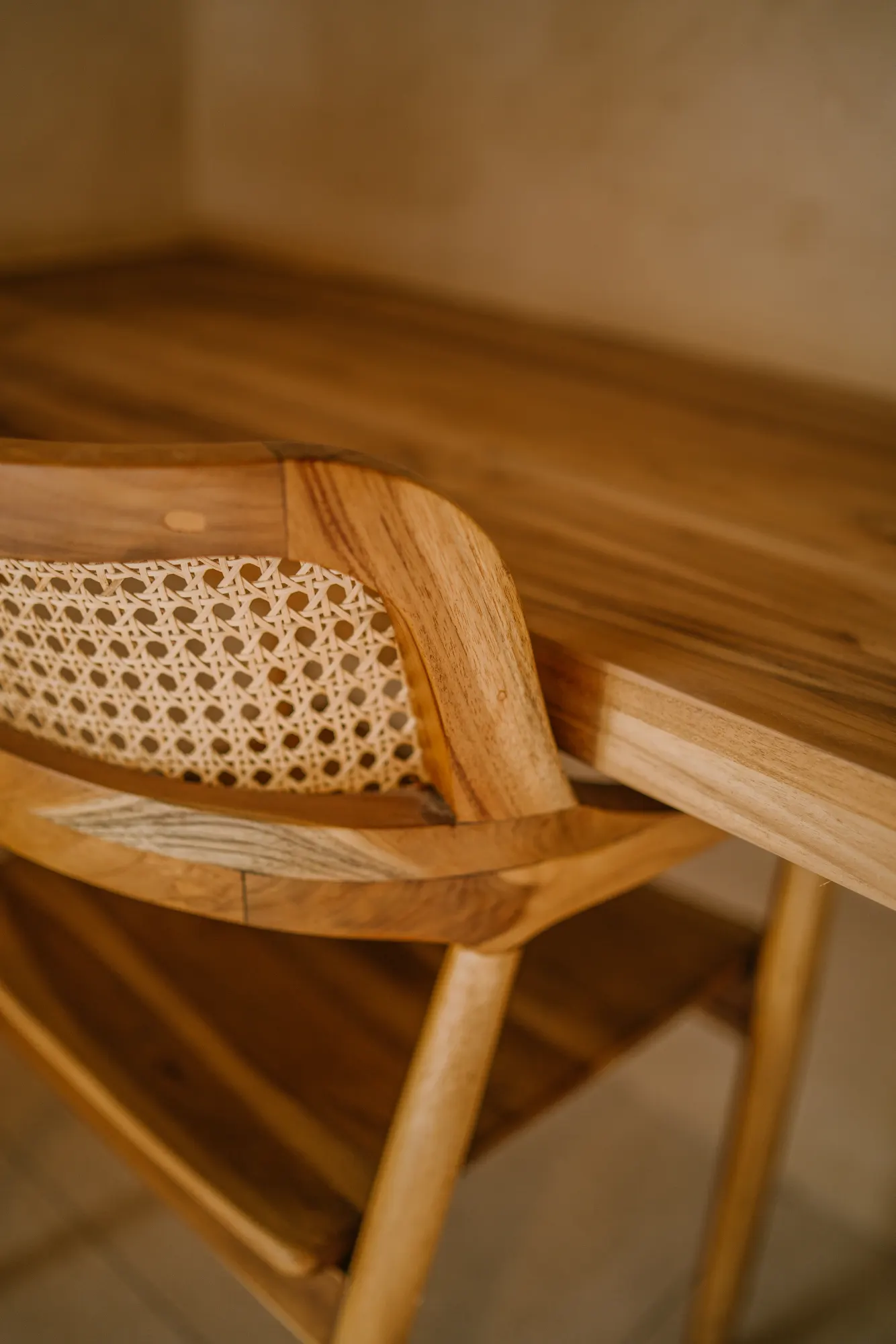 Wooden chair furniture detail with woven seat