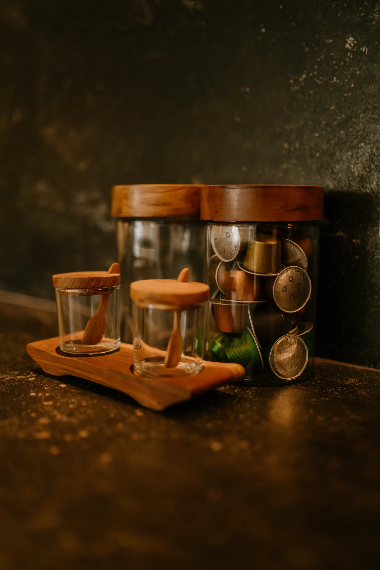 Bar counter with decorative spice set and accessories